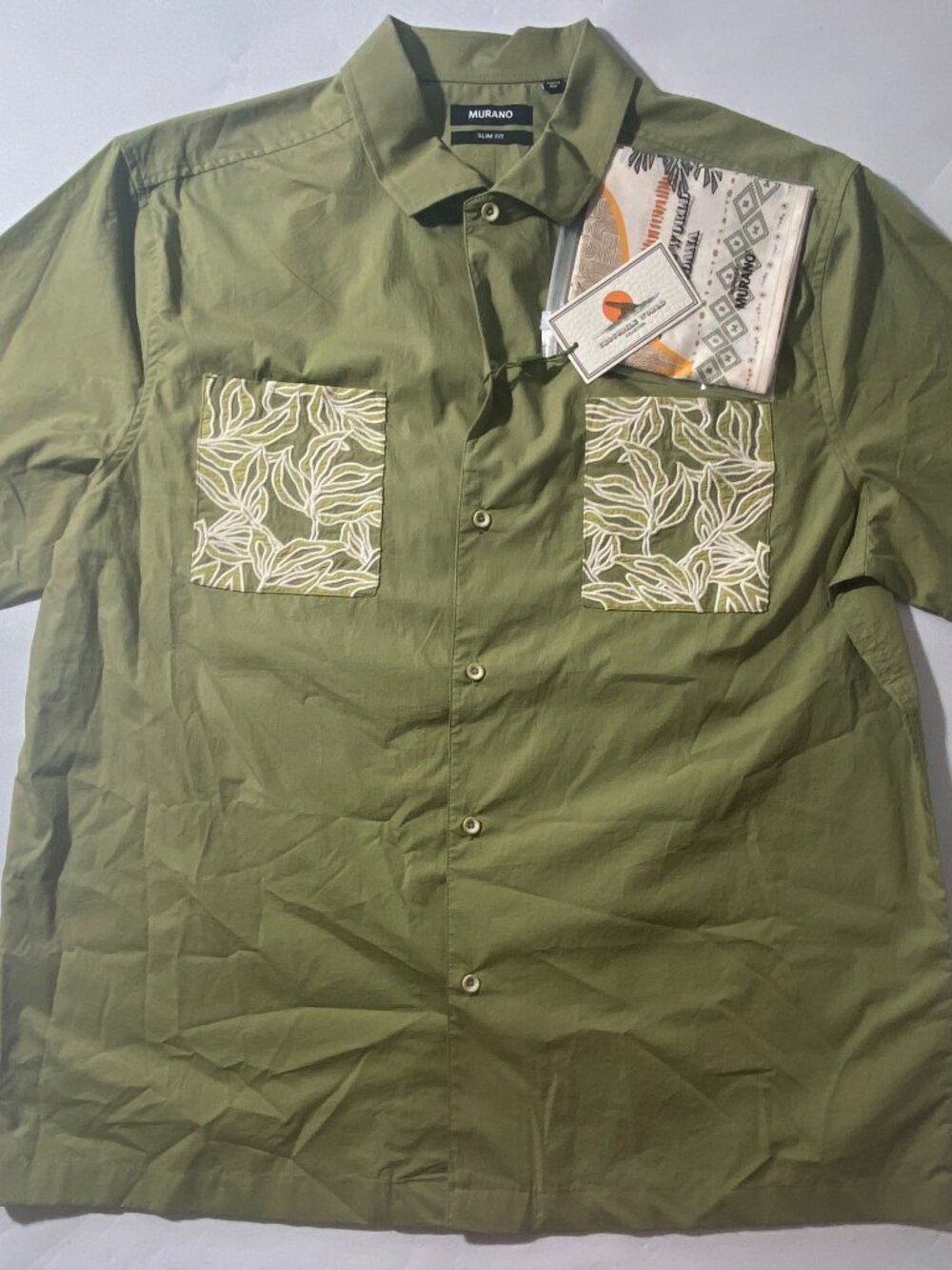 NEW- Size XL Mens Murano Short Sleeve Button Front Shirt w/ Bandana Cotton Sage